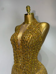 Gold Rhinestone Halter Bodysuit