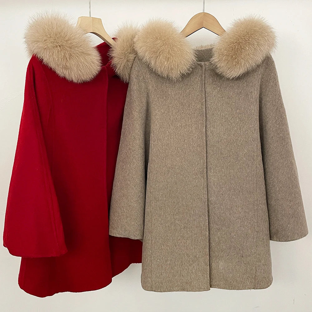 Red wool blend coat with fur collar