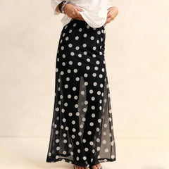 Polka dot mesh maxi skirt in black with white dots