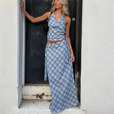 Blue plaid cowl neck halter crop top and matching maxi skirt set