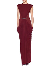Burgundy draped metal buckle maxi dress