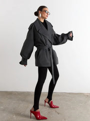 Lapel Double Breasted Belted Jacket