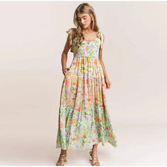 Floral Smocked Bust Tie Strap Maxi Dress