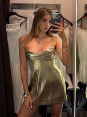 Metallic cowl neck mini dress with spaghetti straps