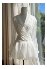 White Pleated V-Neck Long Sleeve Wrap Mini Dress