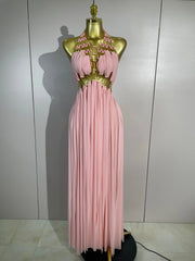 Pink halter neck maxi dress with gold trim