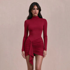 Long Sleeve Turtleneck Ruched Detail Mini Dress