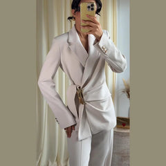 Ruched Waist Gold Buckle Blazer and Wide Leg Pants Set