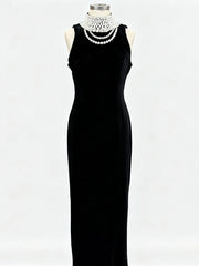Black Velvet Maxi Dress with Draped Pearl Chain Back