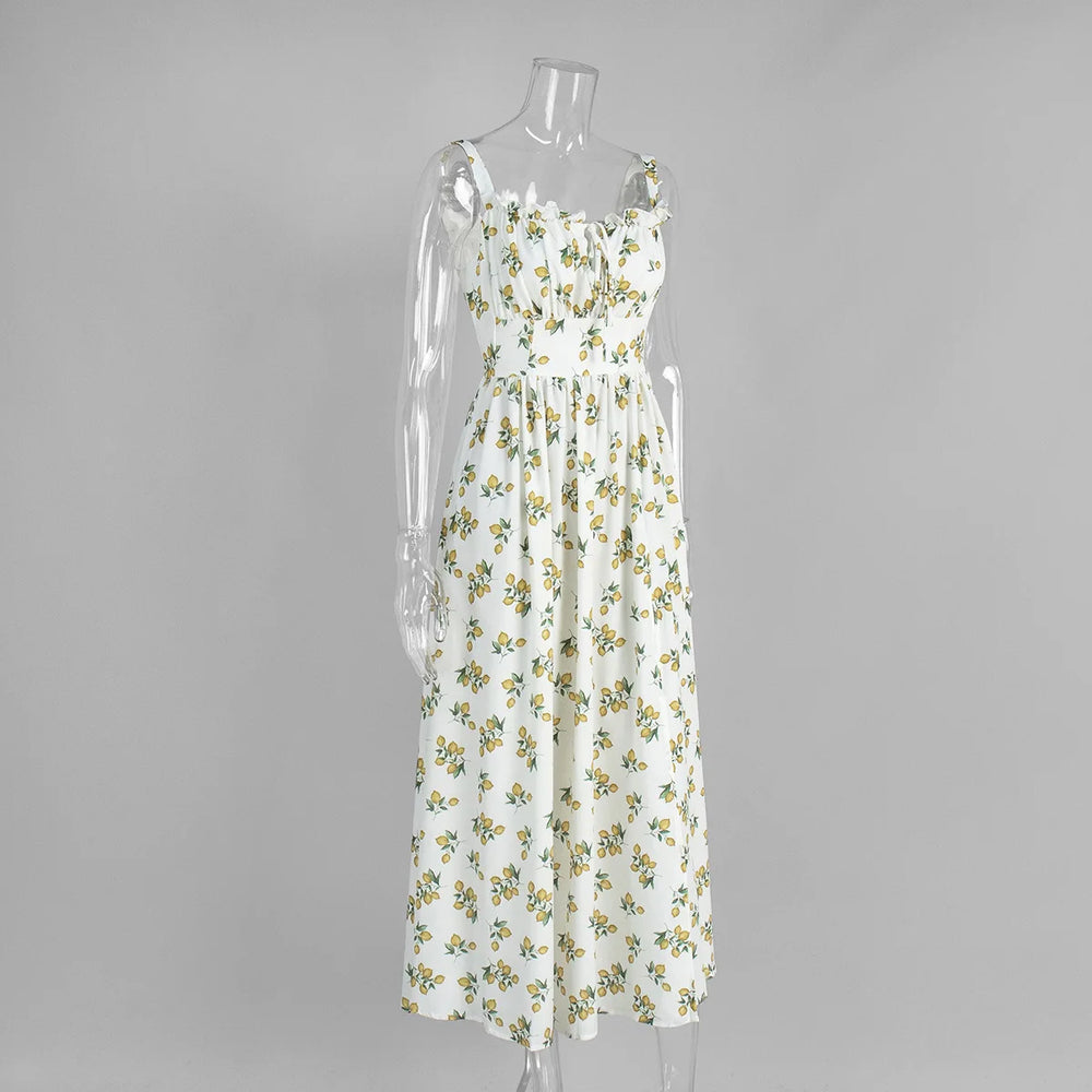 Floral dress on a mannequin against a gray background