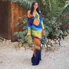 Mesh Tie Dye Long Sleeve Twisted Maxi Dress