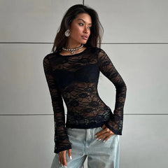 Lace Flare Sleeve Sheer Long Sleeve Top