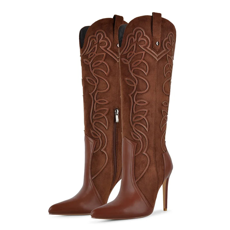 Brown embroidered stiletto knee high boots