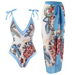 V-Neck Tie-Strap Swimsuit and Wrap Skirt Set