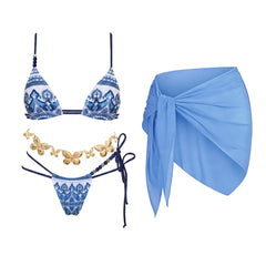 Print Embellished Bikini and Wrap Skirt Set