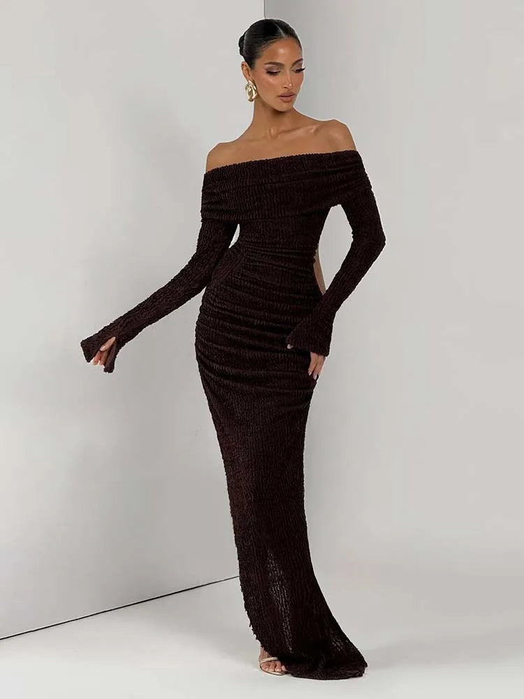 Woman wearing a black off-shoulder dress