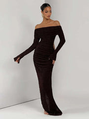 Woman wearing a black off-shoulder dress