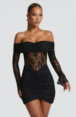 Off-shoulder Lace See Through Long Sleeve Ruched Mini Dress
