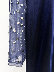 Blue Velvet Sheath Gown with Beaded Mesh Sleeves