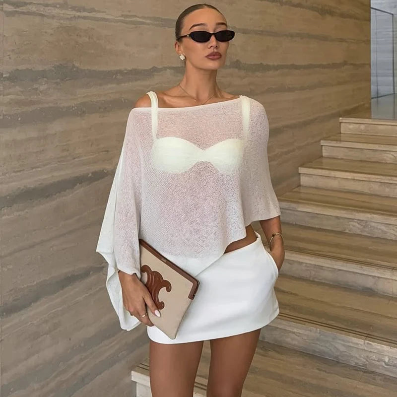 Asymmetrical knit shawl top in white