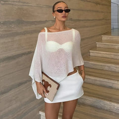 Asymmetrical knit shawl top in white