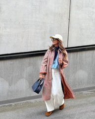 Red Gingham Lapel Long Trench Coat