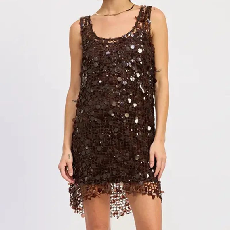Dark brown sequin mesh mini dress