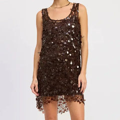 Dark brown sequin mesh mini dress