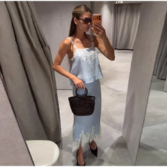Blue Lace Trim Tank Top and Midi Skirt Set
