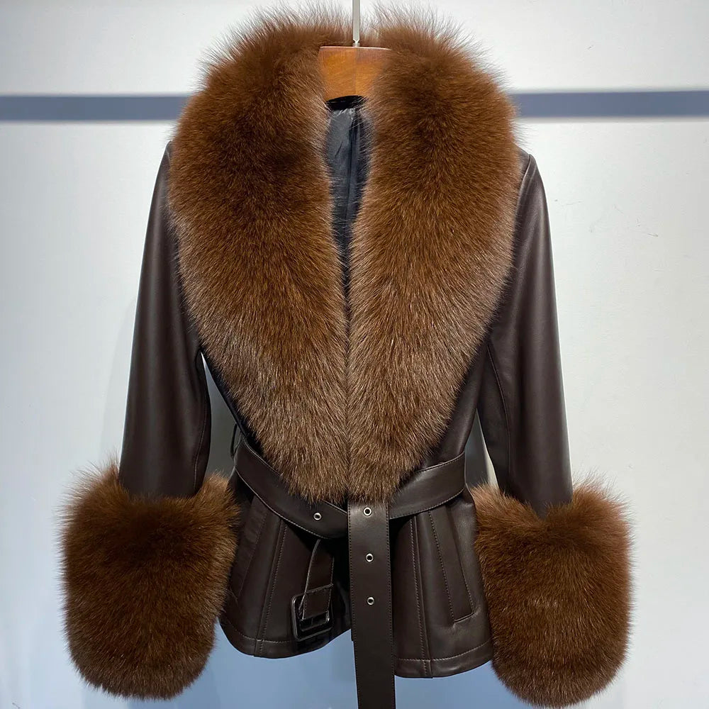 Brown leather jacket with fur collar and cuffs