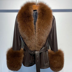 Brown leather jacket with fur collar and cuffs