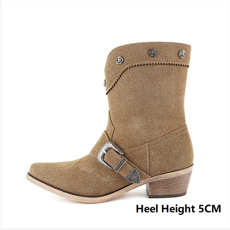Side profile of pointed toe suede ankle boots with 5CM heel height indicated