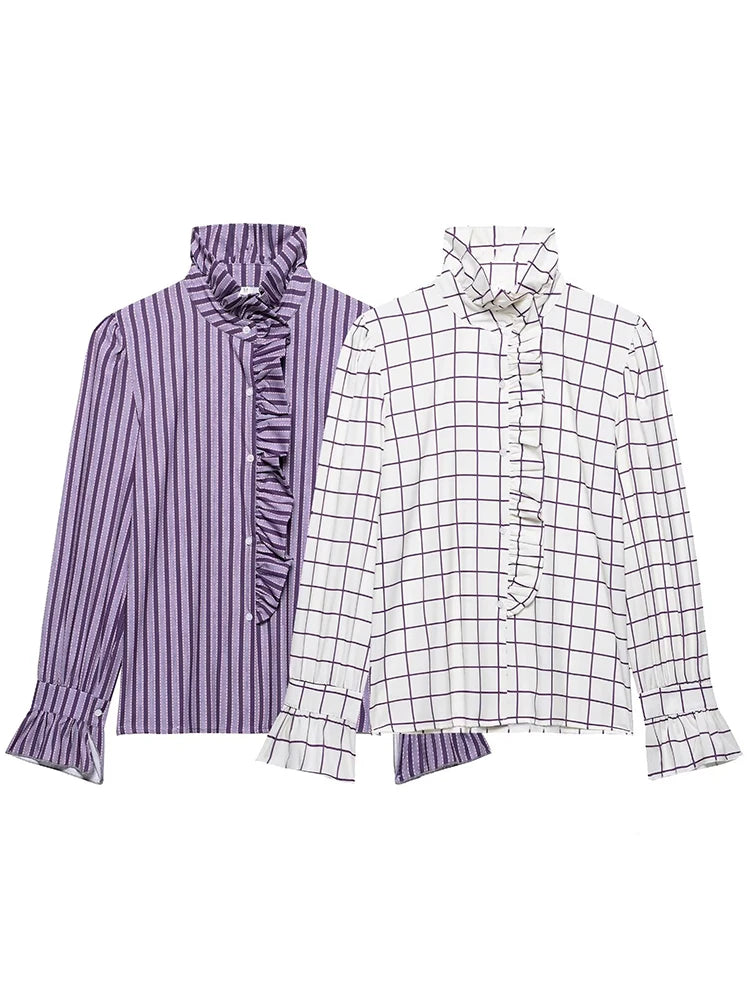 Two shirts, one purple striped and one white grid patterned, on a white background.