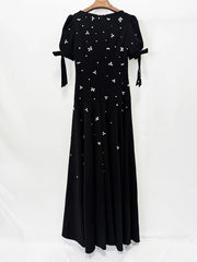 Black Puff Sleeve Embellished Diamonds Maxi Dress