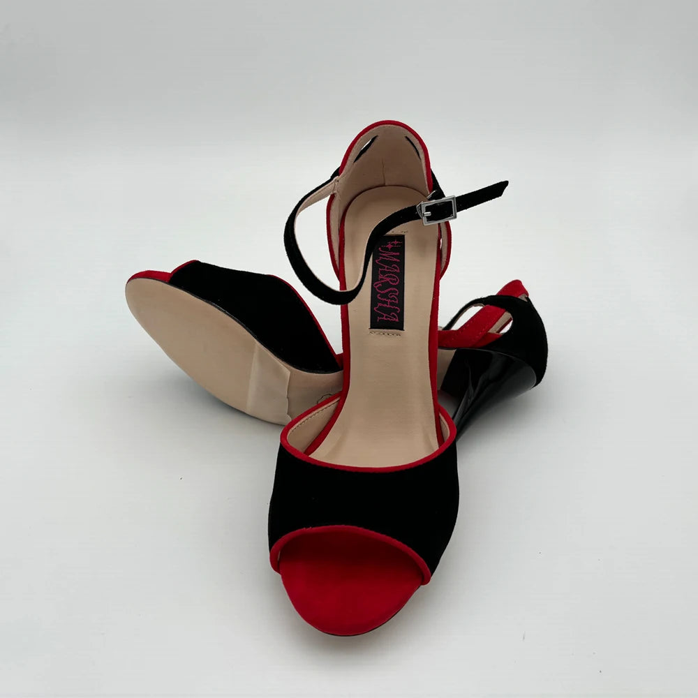 Black red suede high heel shoes angled view