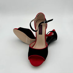 Black red suede high heel shoes angled view