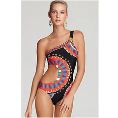 One-piece swimsuit with a one-shoulder design, featuring a bold graphic pattern and a cut-out detail.