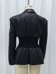 Black jacket with peplum waist on a mannequin against a white background