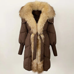 Brown winter coat with fur trim on a light beige background