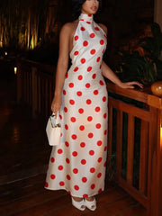White Satin Red Polka Dot Turtleneck Maxi Dress