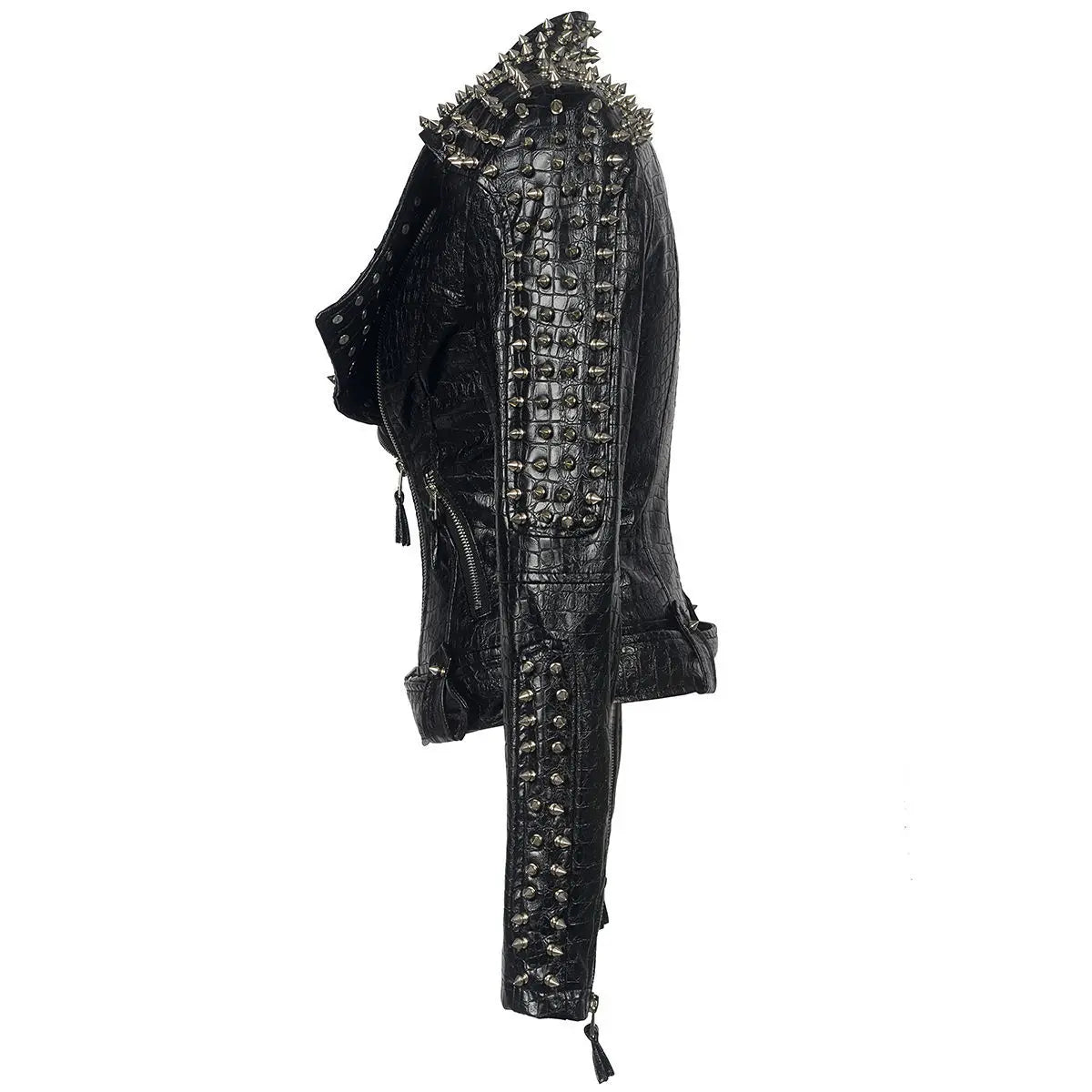 Black leather jacket with intricate silver embellishments