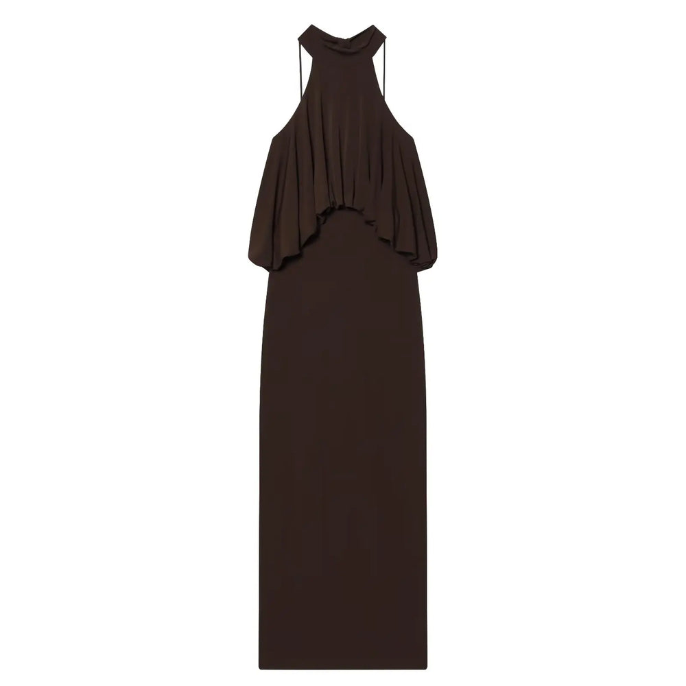 Brown halter neck dress on a white background