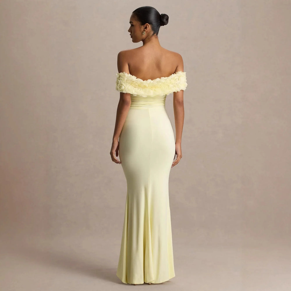 Off shoulder floral applique long dress back view