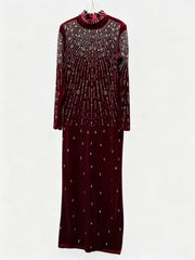 Sequin Beaded High Neck Long Sleeve Maxi Dress