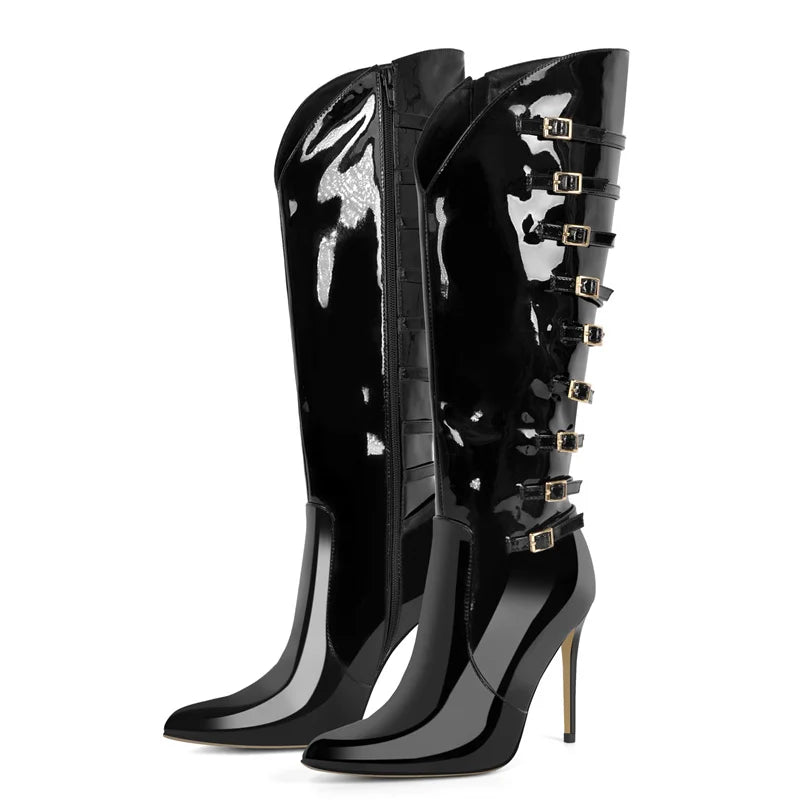 Pointed toe stiletto buckle boots