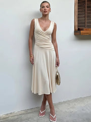 Cream v-neck ruched midi dress