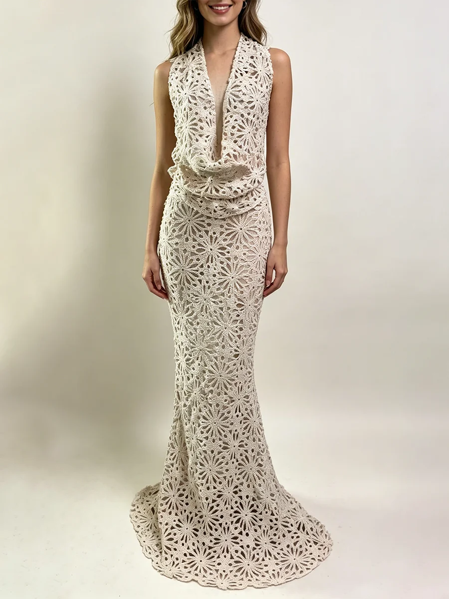 Full-body view of a hollow out lace maxi dress