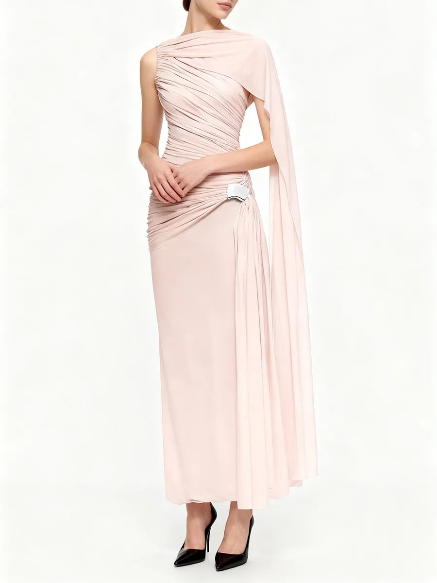 Pleated one shoulder cape maxi dress with round neckline
