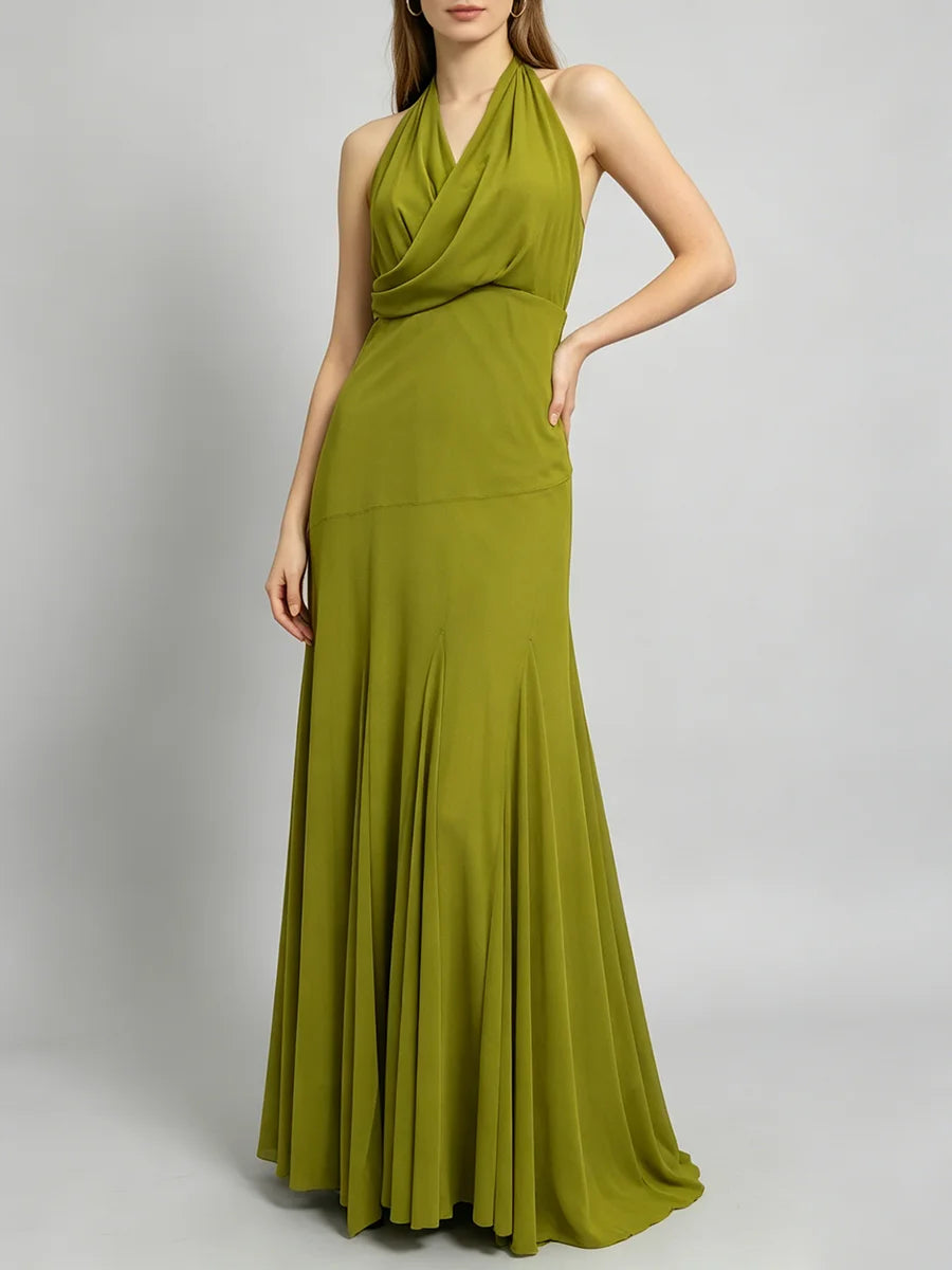 Halter neck maxi dress with draped bodice and flowing skirt