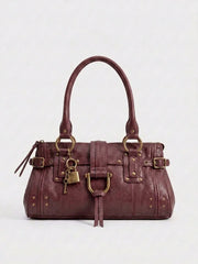 Structured Rivet Lock Shoulder Bag